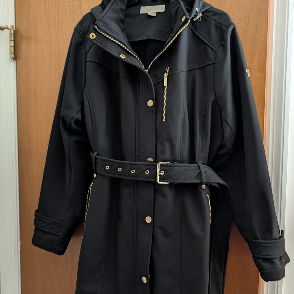 Michael Kors Elegant Black Trench Coat with Gold Accents